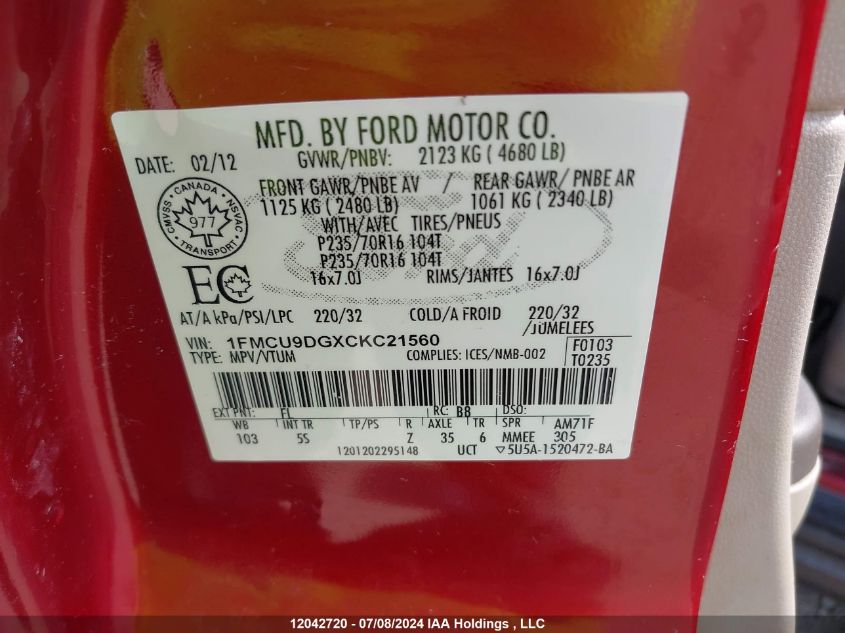 2012 Ford Escape Xlt VIN: 1FMCU9DGXCKC21560 Lot: 12042720