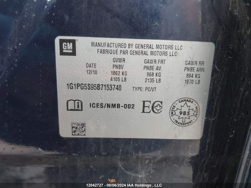 2011 Chevrolet Cruze VIN: 1G1PG5S95B7153740 Lot: 12042727