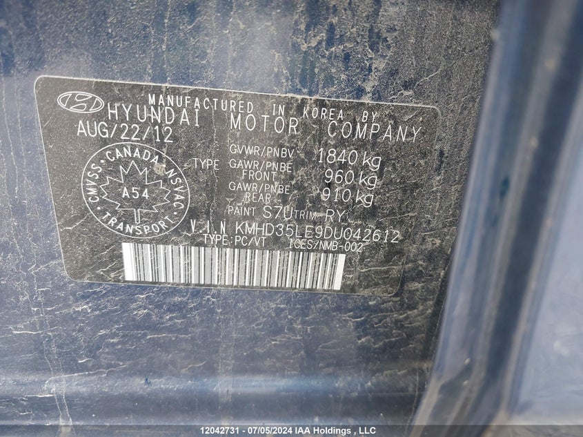 2013 Hyundai Elantra Gt VIN: KMHD35LE9DU042612 Lot: 12042731