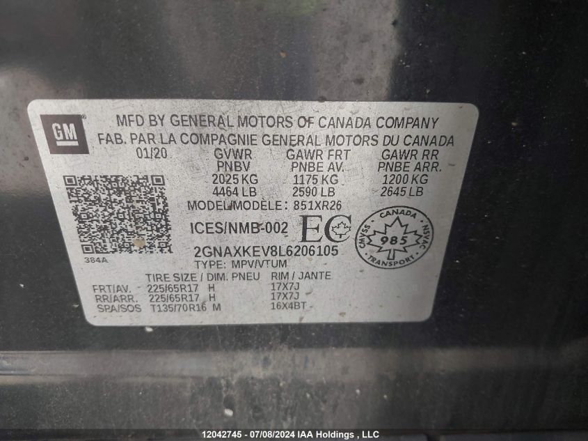 2020 Chevrolet Equinox VIN: 2GNAXKEV8L6206105 Lot: 12042745