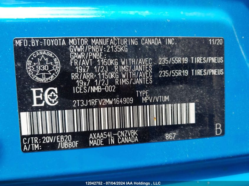 2021 Toyota Rav4 Trail VIN: 2T3J1RFV2MW164909 Lot: 12042752