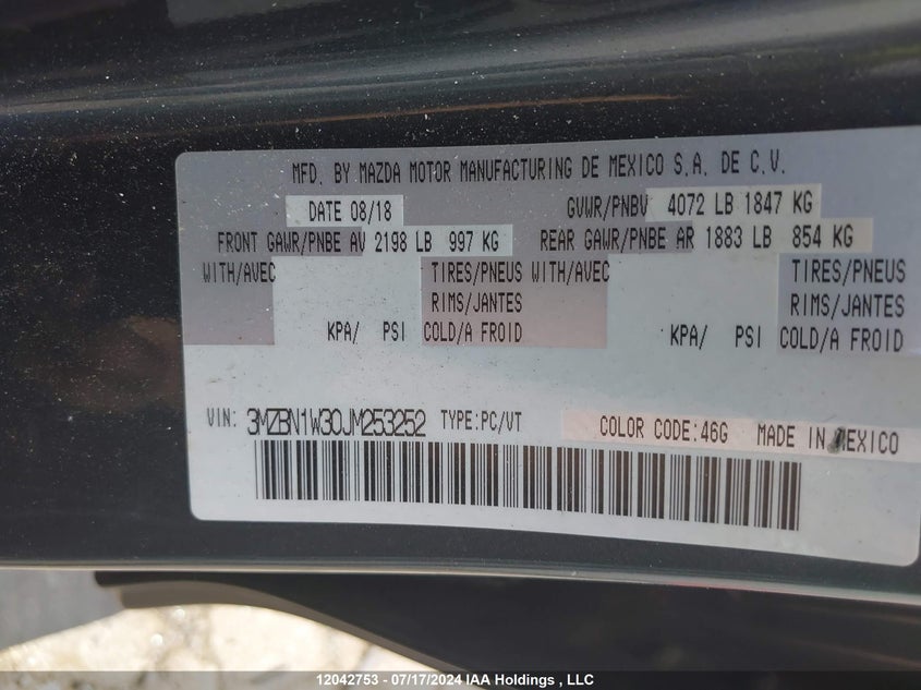 2018 Mazda Mazda3 VIN: 3MZBN1W30JM253252 Lot: 12042753