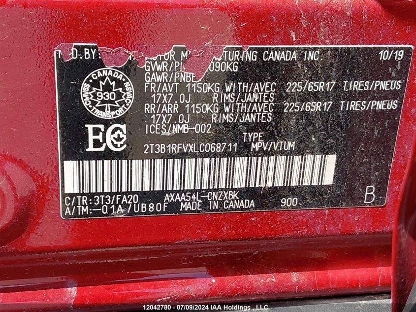 2020 Toyota Rav4 Le VIN: 2T3B1RFVXLC068711 Lot: 12042780