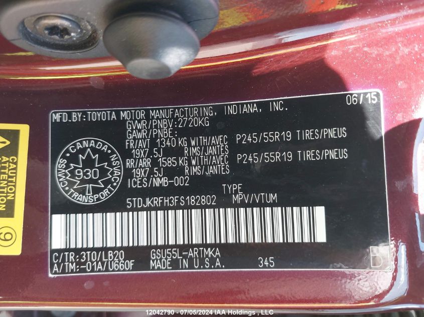 2015 Toyota Highlander Xle VIN: 5TDJKRFH3FS182802 Lot: 12042790