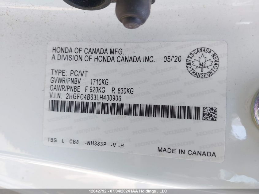 2020 Honda Civic VIN: 2HGFC4B63LH400906 Lot: 12042792