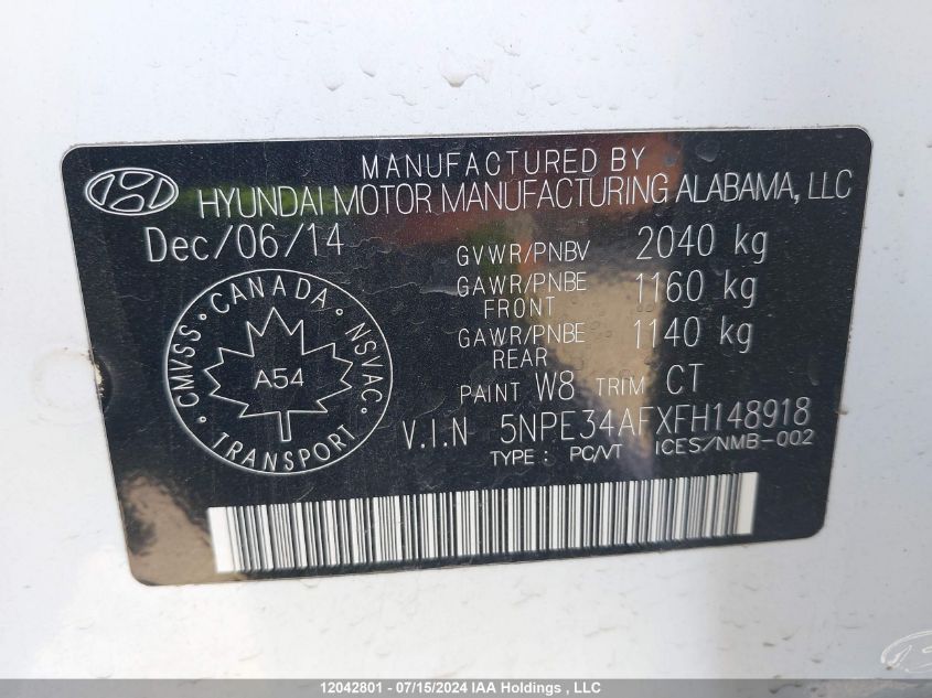 2015 Hyundai Sonata Sport/Limited VIN: 5NPE34AFXFH148918 Lot: 12042801