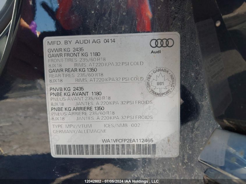 2014 Audi Q5 VIN: WA1VFCFP2EA112465 Lot: 12042802