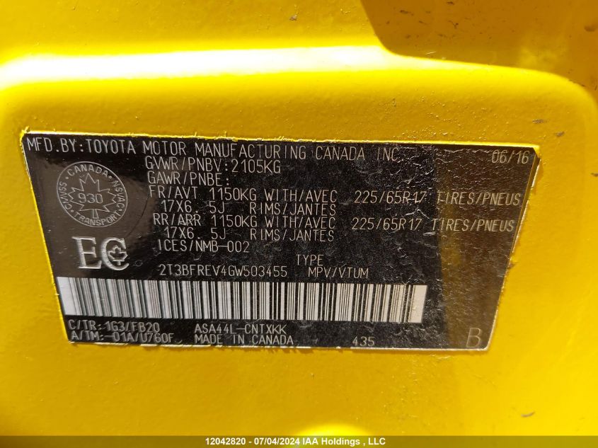 2016 Toyota Rav4 VIN: 2T3BFREV4GW503455 Lot: 12042820