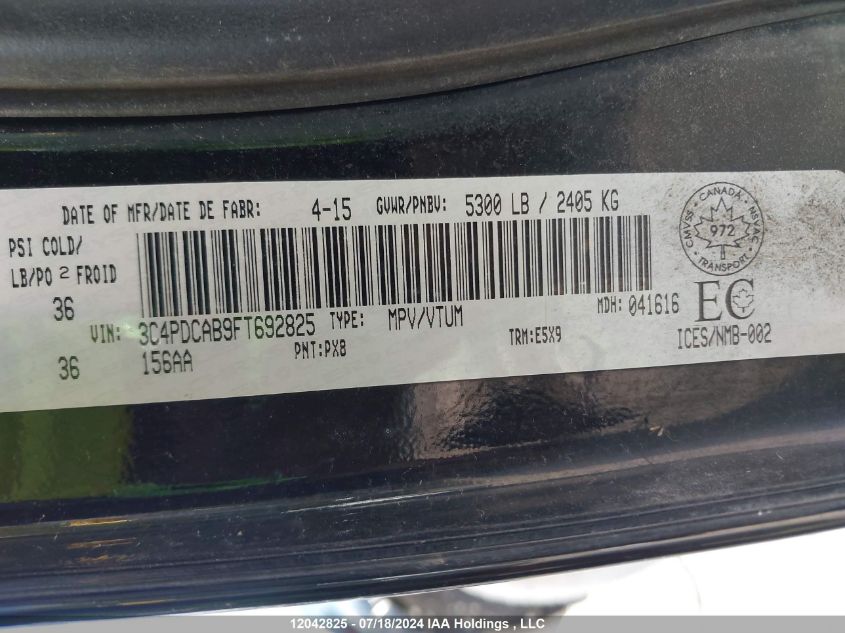 2015 Dodge Journey VIN: 3C4PDCAB9FT692825 Lot: 12042825