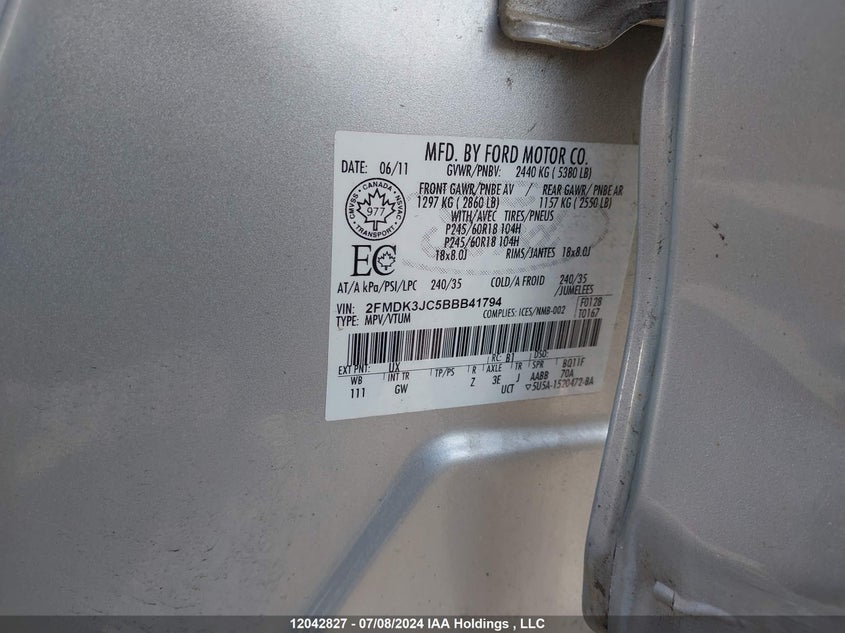 2011 Ford Edge Sel VIN: 2FMDK3JC5BBB41794 Lot: 12042827
