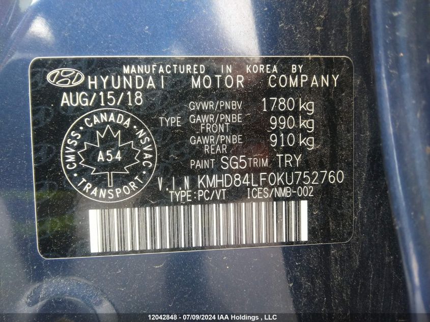 2019 Hyundai Elantra VIN: KMHD84LF0KU752760 Lot: 12042848