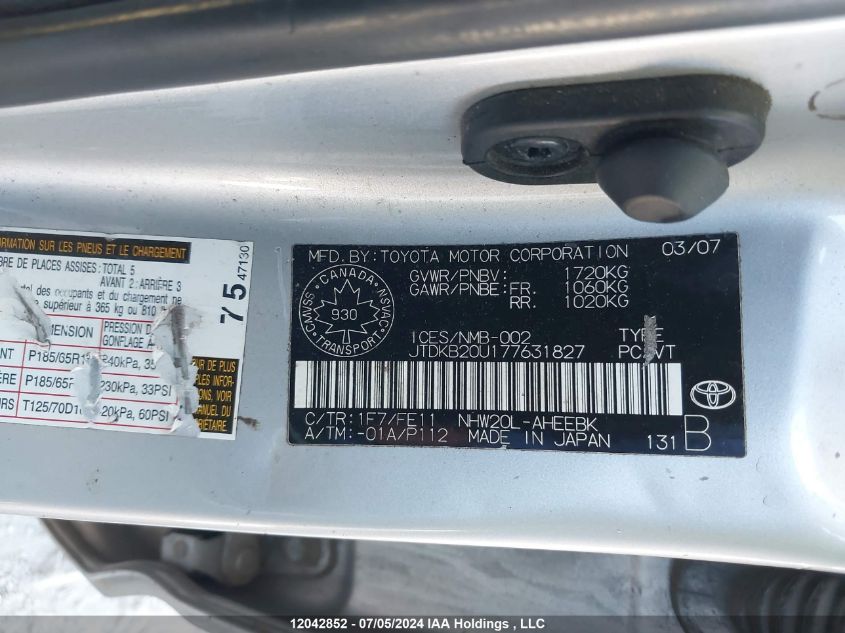 2007 Toyota Prius VIN: JTDKB20U177631827 Lot: 12042852