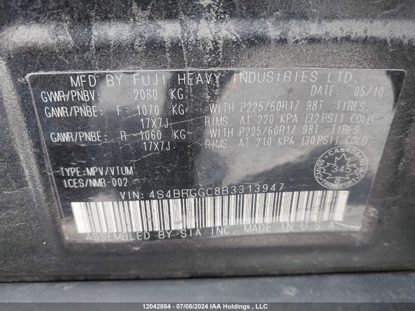2011 Subaru Legacy Outback VIN: 4S4BRGGC8B3313947 Lot: 12042854