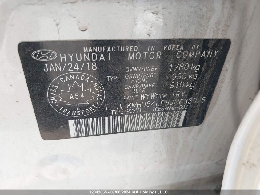 2018 Hyundai Elantra Sel/Value/Limited VIN: KMHD84LF6JU633075 Lot: 12042855