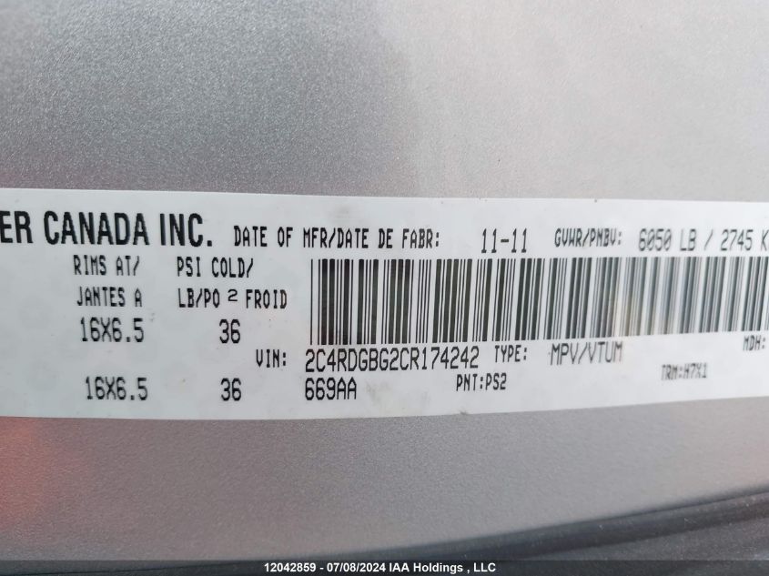 2012 Dodge Grand Caravan Se VIN: 2C4RDGBG2CR174242 Lot: 12042859