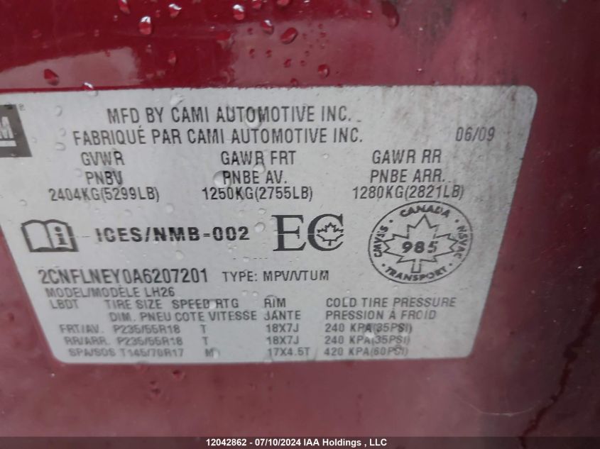 2010 Chevrolet Equinox Lt VIN: 2CNFLNEY0A6207201 Lot: 12042862