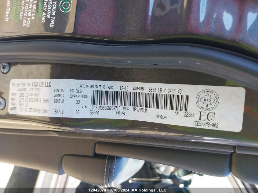 2016 Jeep Cherokee VIN: 1C4PJMDS6GW234715 Lot: 12042870