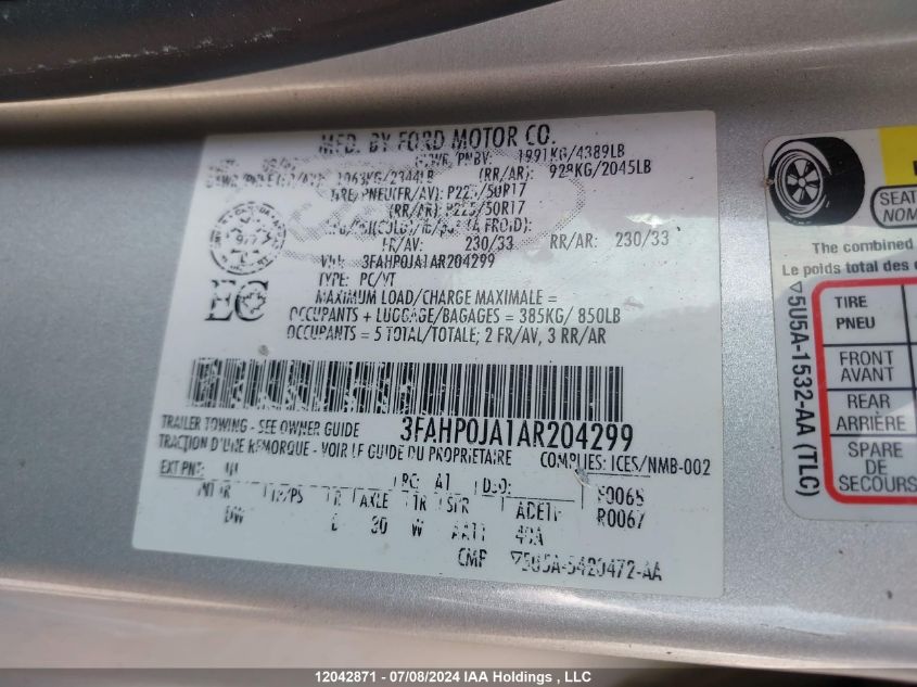 2010 Ford Fusion VIN: 3FAHP0JA1AR204299 Lot: 12042871