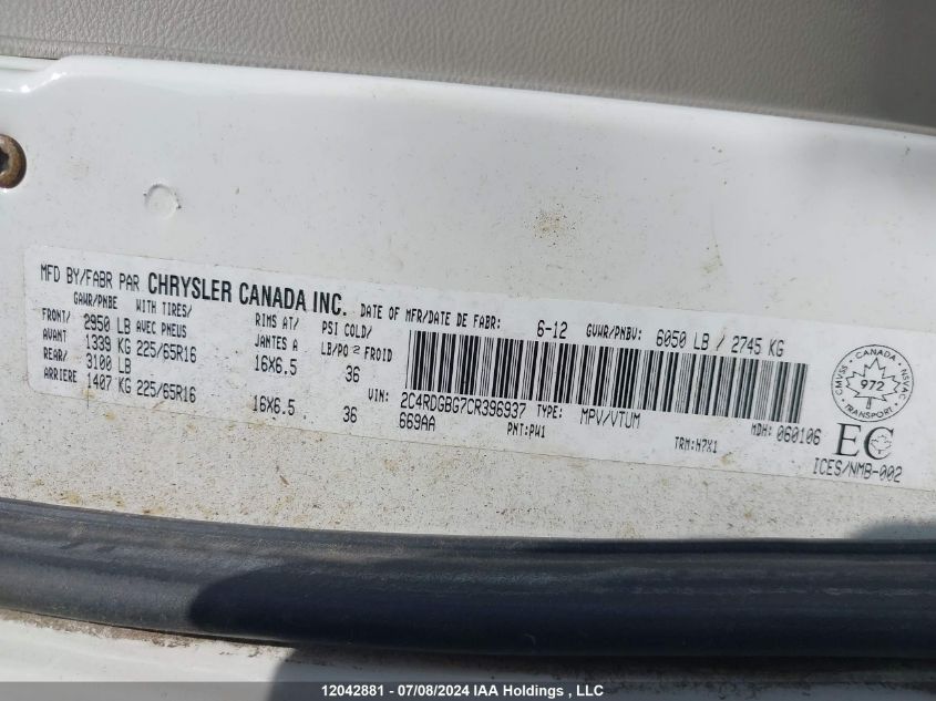 2012 Dodge Grand Caravan Se VIN: 2C4RDGBG7CR396937 Lot: 12042881