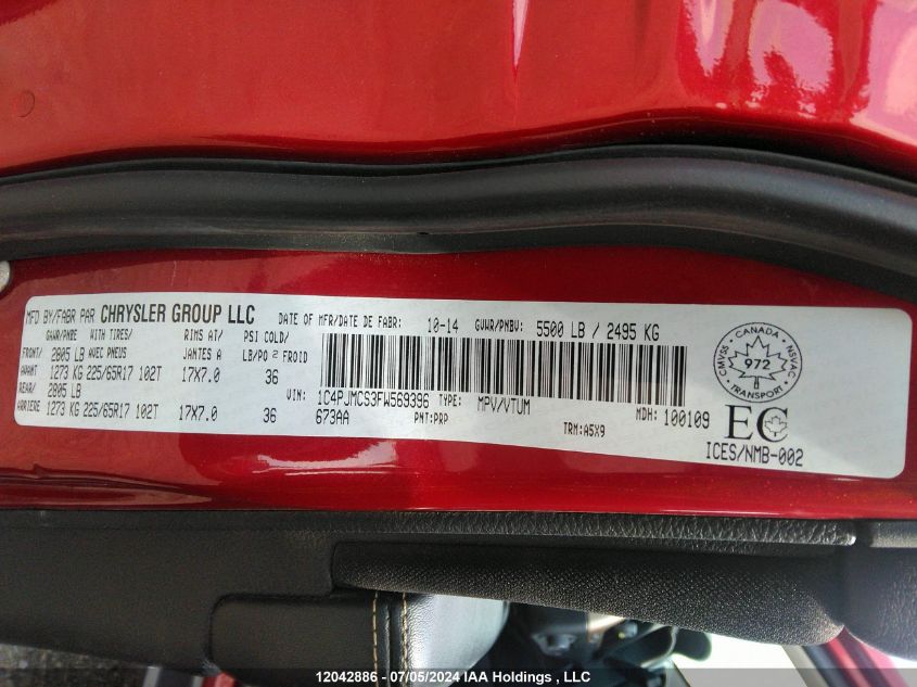 2015 Jeep Cherokee VIN: 1C4PJMCS3FW569396 Lot: 12042886