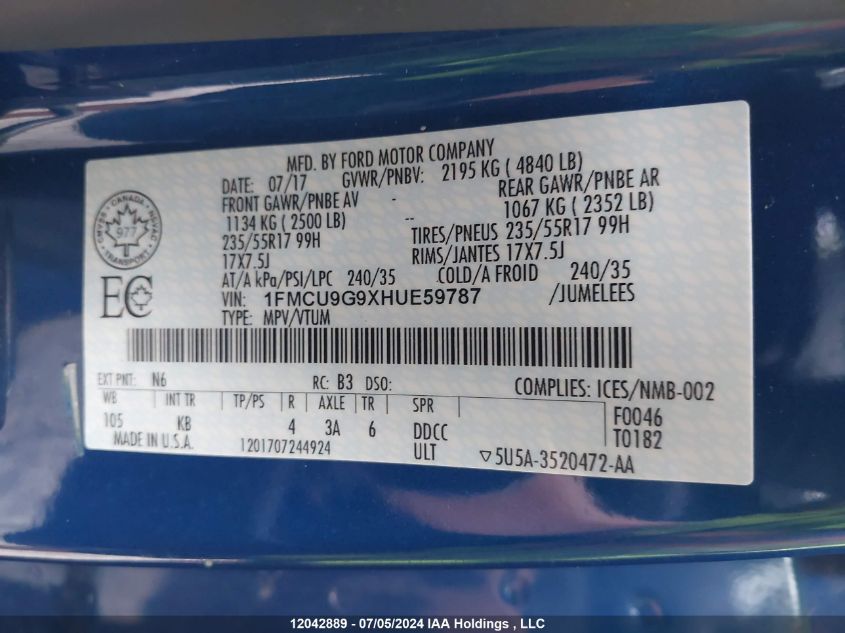 2017 Ford Escape Se VIN: 1FMCU9G9XHUE59787 Lot: 12042889