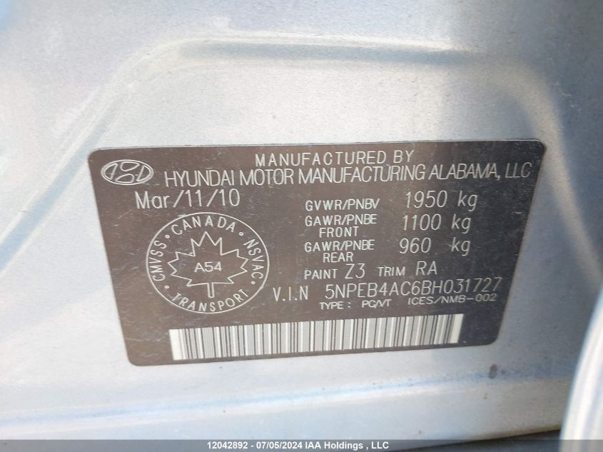 5NPEB4AC6BH031727 2011 Hyundai Sonata