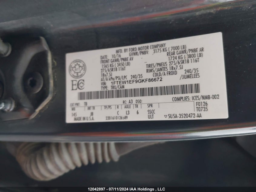 2016 Ford F150 Supercrew VIN: 1FTEW1EF9GKF86672 Lot: 12042897