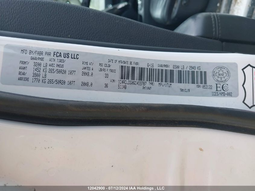 2016 Dodge Durango Limited VIN: 1C4RDJDG0GC459787 Lot: 12042900