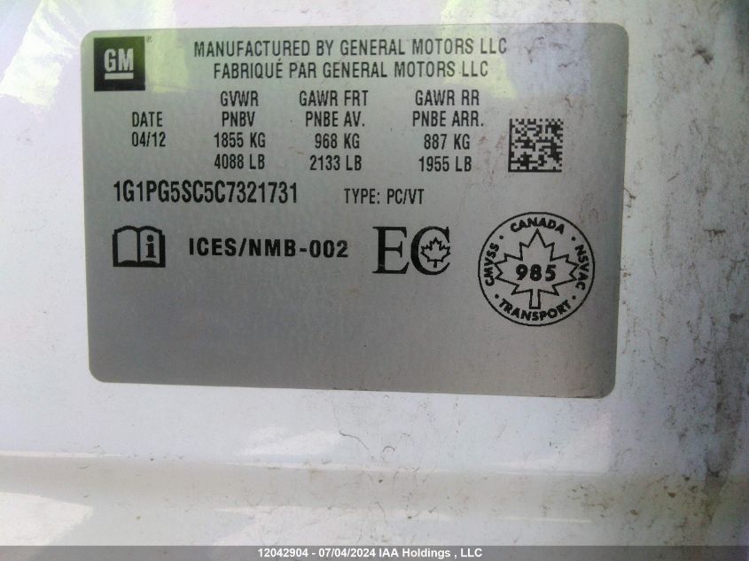 2012 Chevrolet Cruze Lt VIN: 1G1PG5SC5C7321731 Lot: 12042904