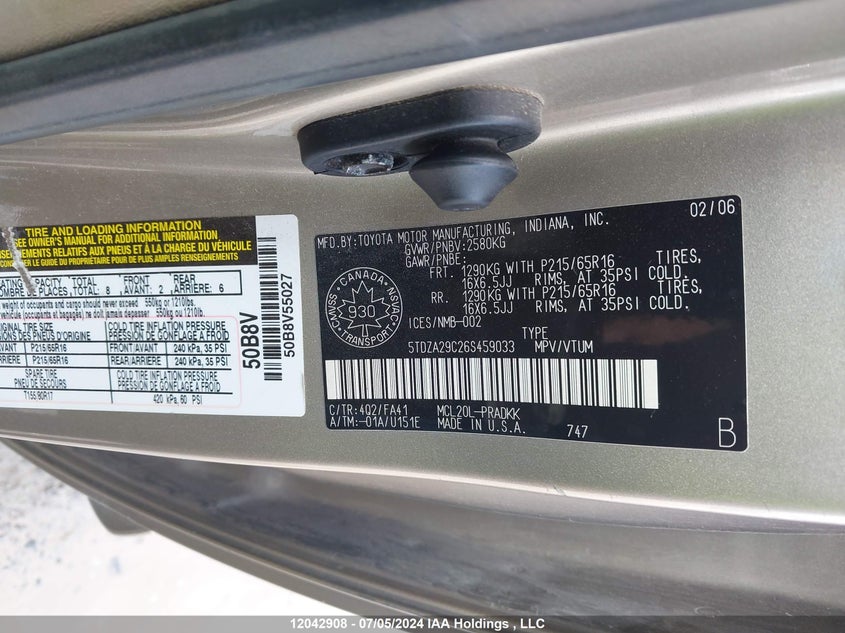 2006 Toyota Sienna Ce VIN: 5TDZA29C26S459033 Lot: 12042908