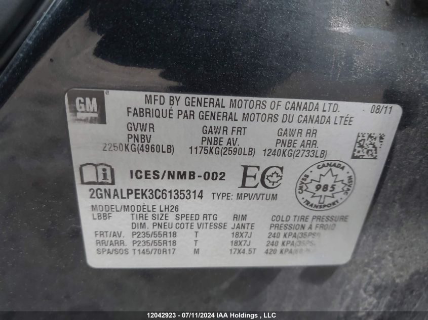 2012 Chevrolet Equinox VIN: 2GNALPEK3C6135314 Lot: 12042923