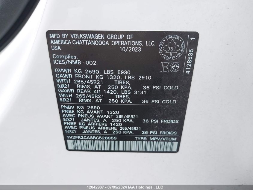 1V2FR2CA8RC528959 2024 Volkswagen Atlas