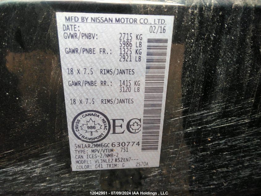 2016 Nissan Pathfinder S/Sv/Sl/Platinum VIN: 5N1AR2MM6GC630774 Lot: 12042951
