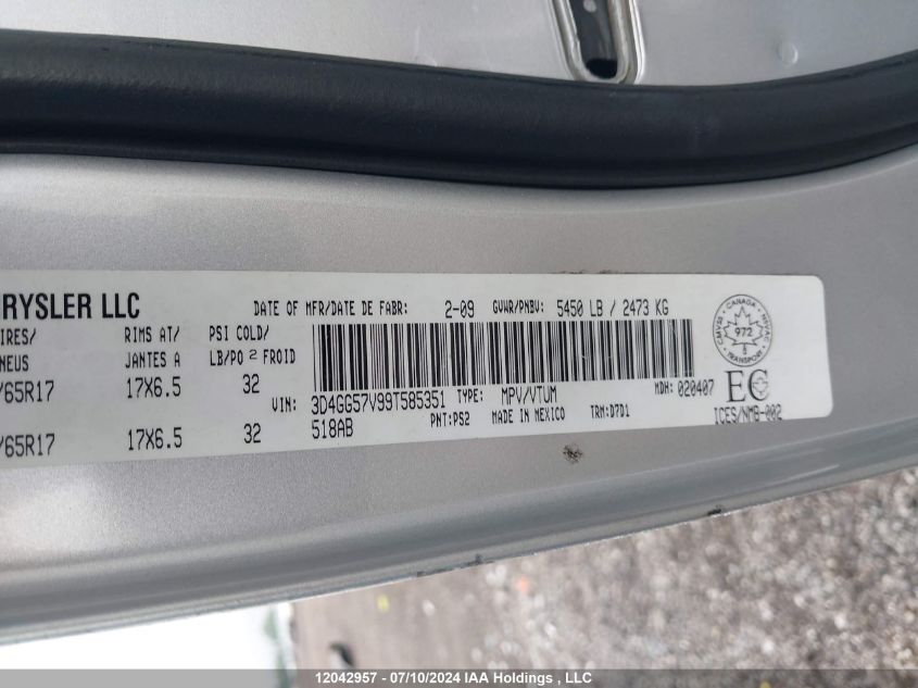 2009 Dodge Journey Sxt VIN: 3D4GG57V99T585351 Lot: 12042957