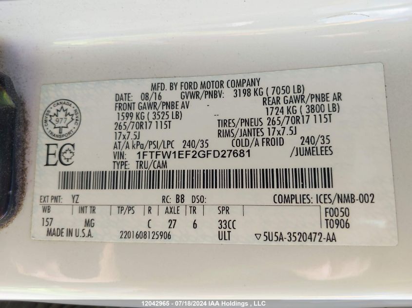 2016 Ford F150 Supercrew VIN: 1FTFW1EF2GFD27681 Lot: 12042965