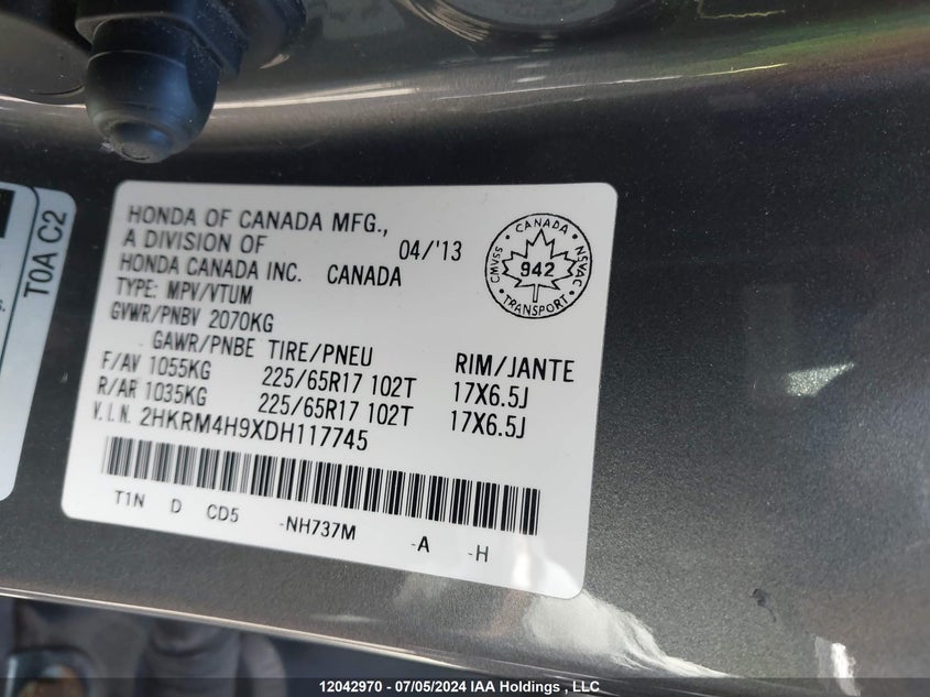 2013 Honda Cr-V VIN: 2HKRM4H9XDH117745 Lot: 12042970