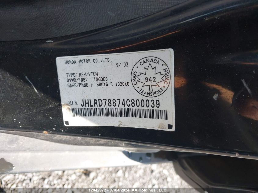 2004 Honda Cr-V VIN: JHLRD78874C800039 Lot: 12042972