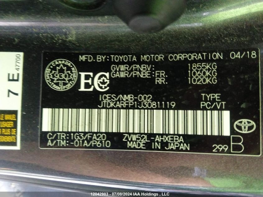 2018 Toyota Prius Prime VIN: JTDKARFP1J3081119 Lot: 12042983