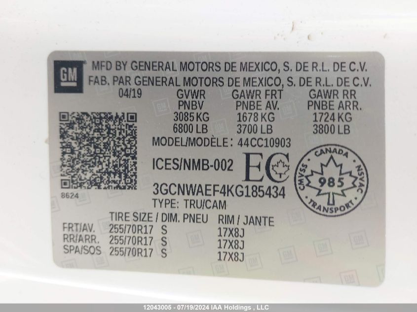 3GCNWAEF4KG185434 2019 Chevrolet Silverado C1500