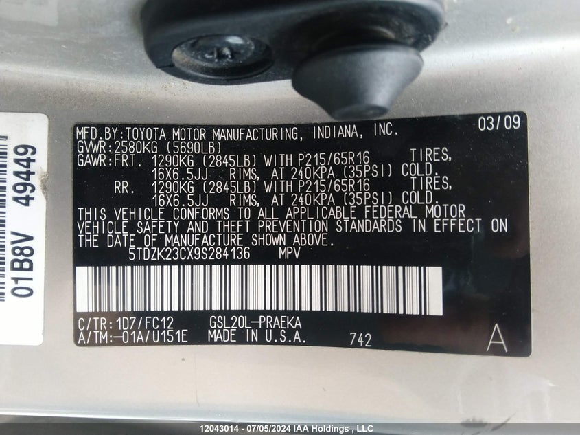 2009 Toyota Sienna Ce/Le VIN: 5TDZK23CX9S284136 Lot: 12043014