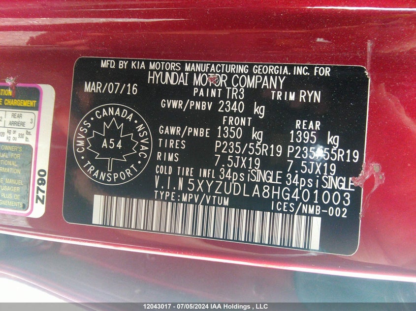 2017 Hyundai Santa Fe Sport 2.0T Ultimate VIN: 5XYZUDLA8HG401003 Lot: 12043017