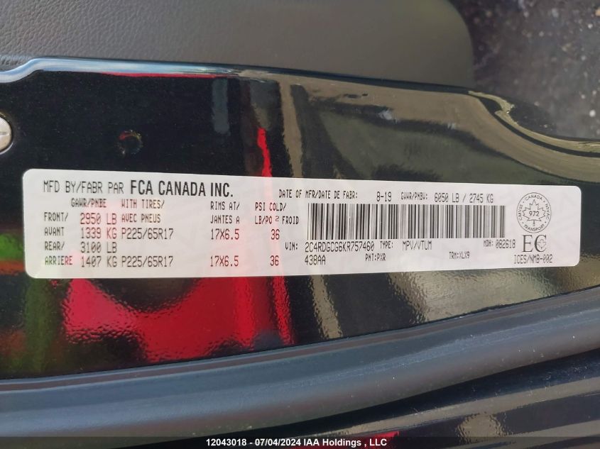 2019 Dodge Grand Caravan Sxt VIN: 2C4RDGCG6KR757460 Lot: 12043018