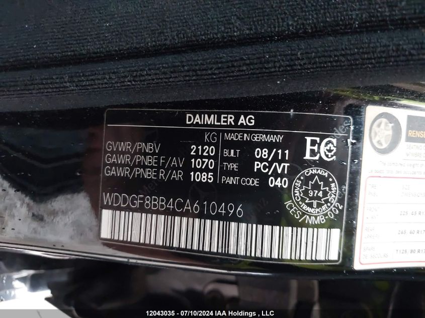 2012 Mercedes-Benz C-Class VIN: WDDGF8BB4CA610496 Lot: 12043035