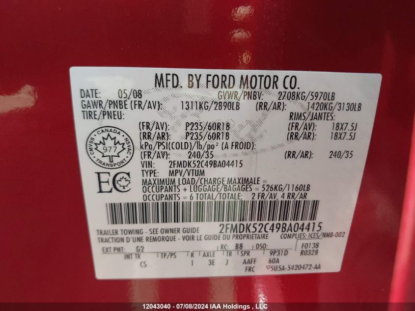 2009 Ford Flex VIN: 2FMDK52C49BA04415 Lot: 12043040