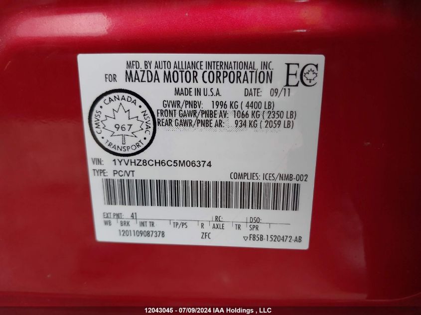 2012 Mazda 6 I VIN: 1YVHZ8CH6C5M06374 Lot: 12043045
