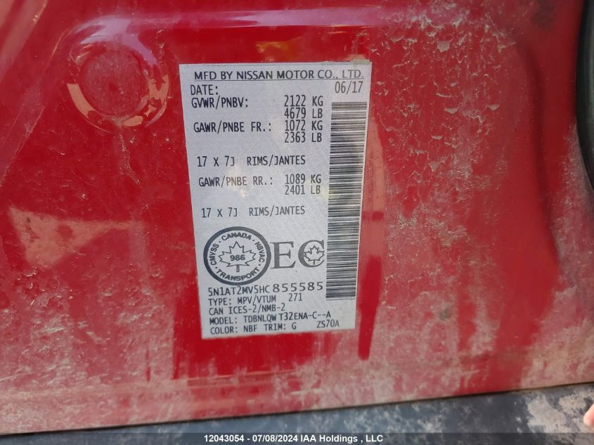 2017 Nissan Rogue VIN: 5N1AT2MV5HC855585 Lot: 12043054
