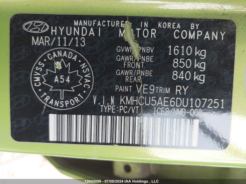 2013 Hyundai Accent VIN: KMHCU5AE6DU107251 Lot: 12043059