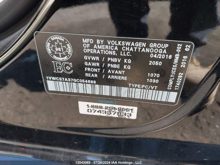 2016 Volkswagen Passat VIN: 1VWCS7A37GC054698 Lot: 12043065