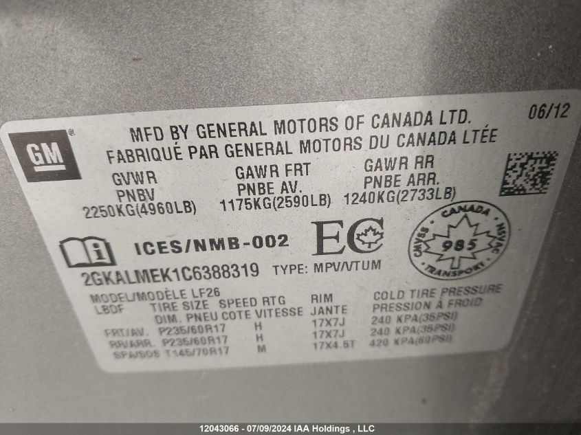 2012 GMC Terrain Sle VIN: 2GKALMEK1C6388319 Lot: 12043066