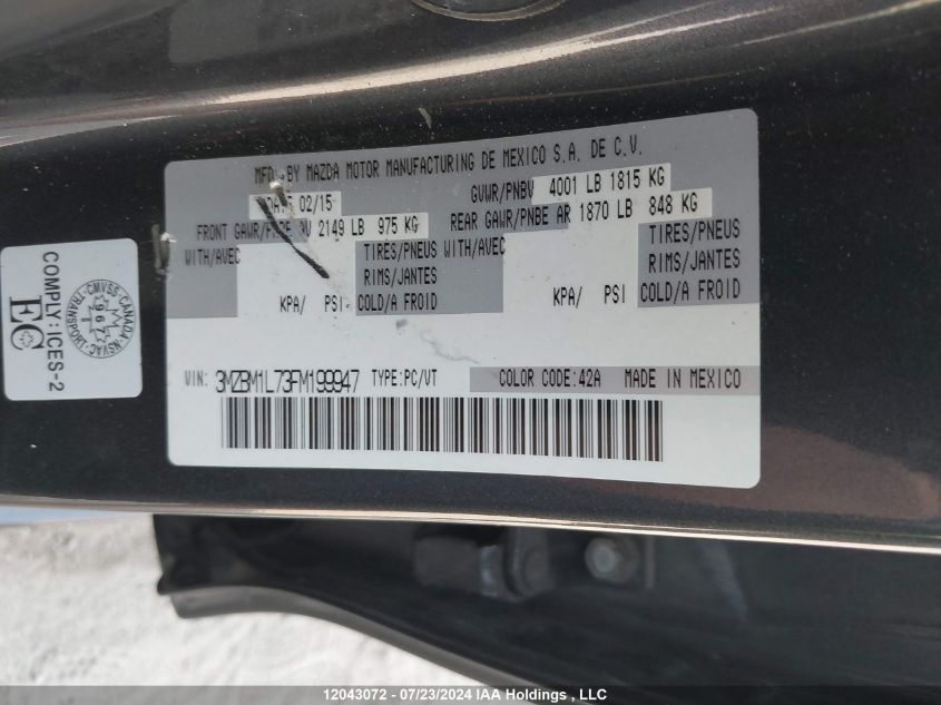 2015 Mazda 3 Touring VIN: 3MZBM1L73FM199947 Lot: 12043072